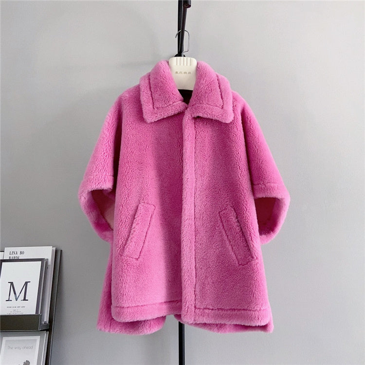 Women Mid-length Loose Batwing Sleeve Lamb Faux Fur Coat