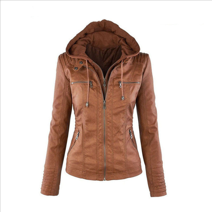 Stand-up Collar Zipper Long-sleeved Solid Color Women's Leather Jacket