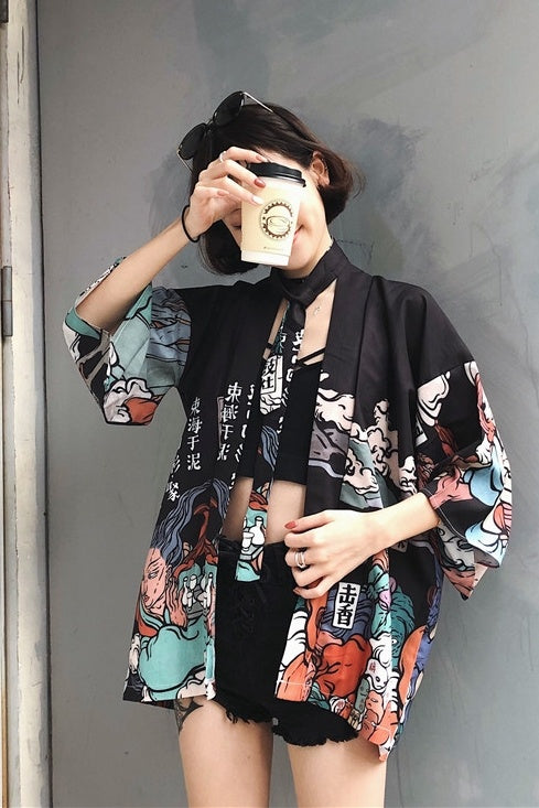 Japanese style and wind cardigan kimono shawl thin coat feather woven men and women couple holiday summer sun protection clothing