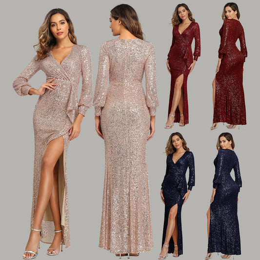 Fantasy Celebrity Sexy High Slit Long Sleeve Sequined Banquet Evening Dress Women