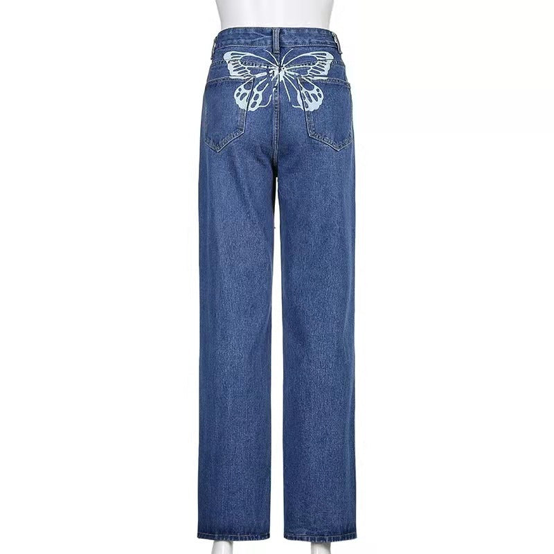 Printed Casual Street Hot Girl Fashion High Waist Jeans