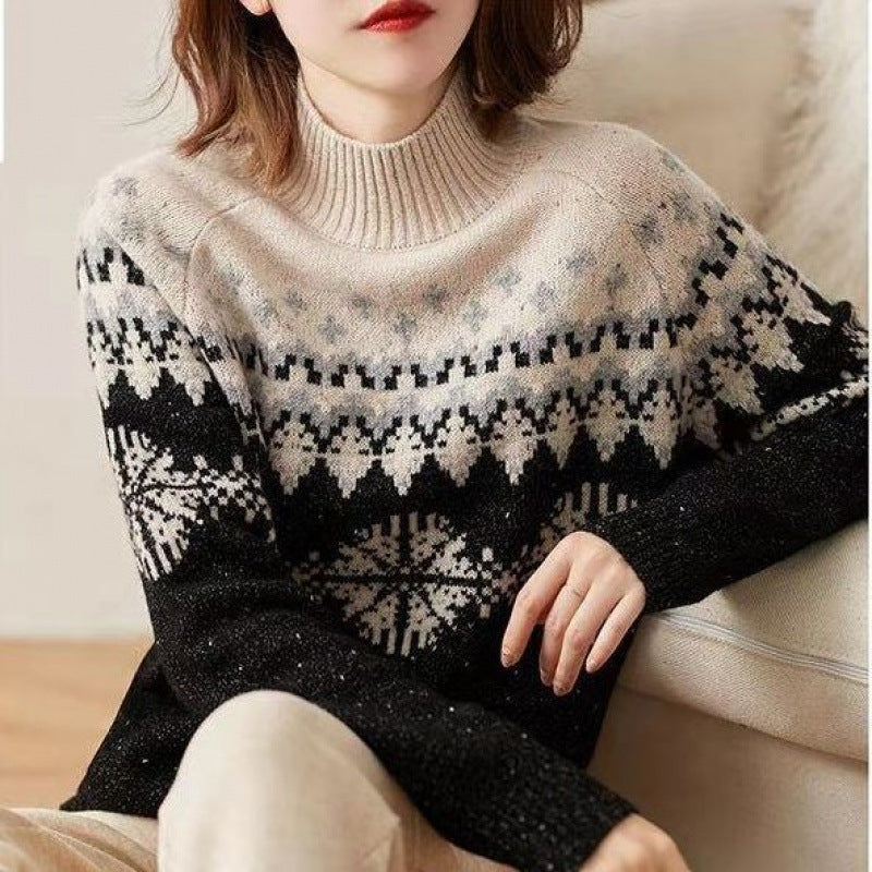 Autumn And Winter Spring New Half Turtleneck Knitted Snowflake Retro Loose Sweater