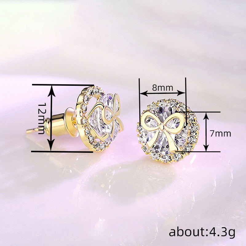 Bow Stud Earrings Sweet Accessory Micro Inlaid Zircon