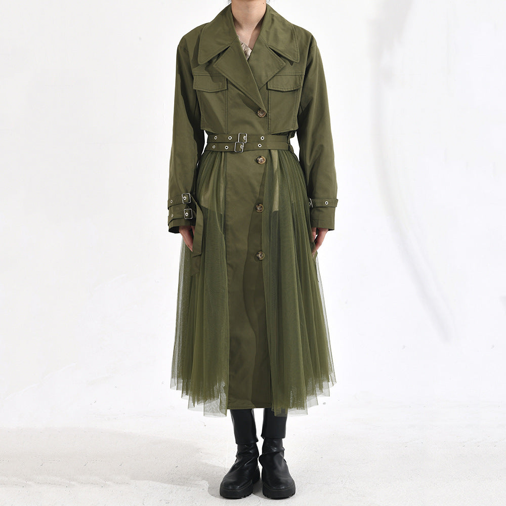 Women's Korean-style Mesh Stitching Green Windbreaker Coat