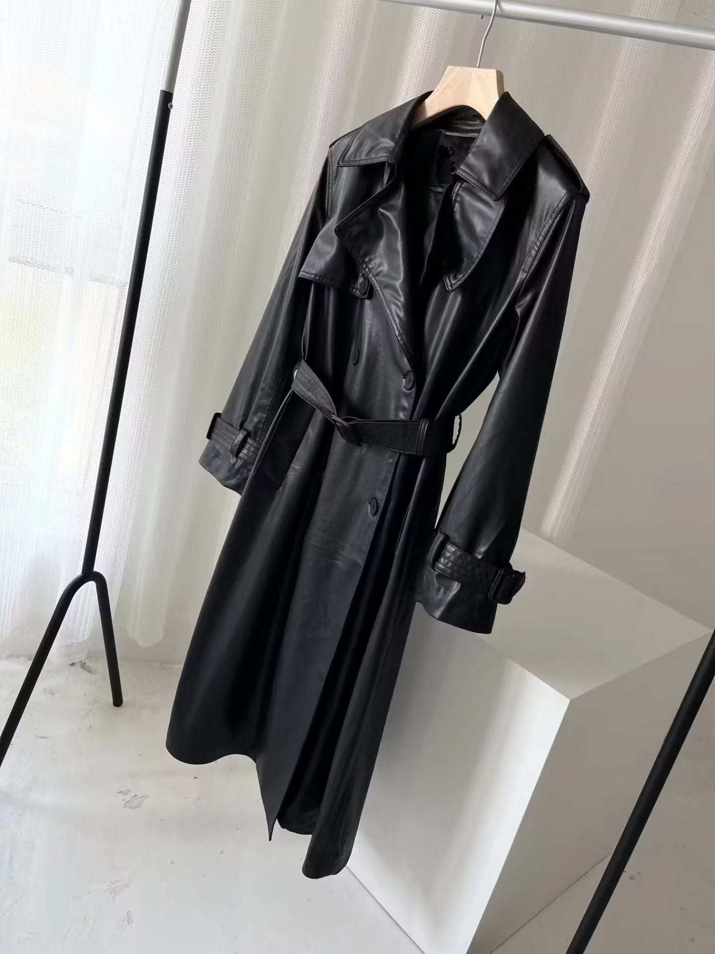 Women Long Leather Trench Coat With Belt