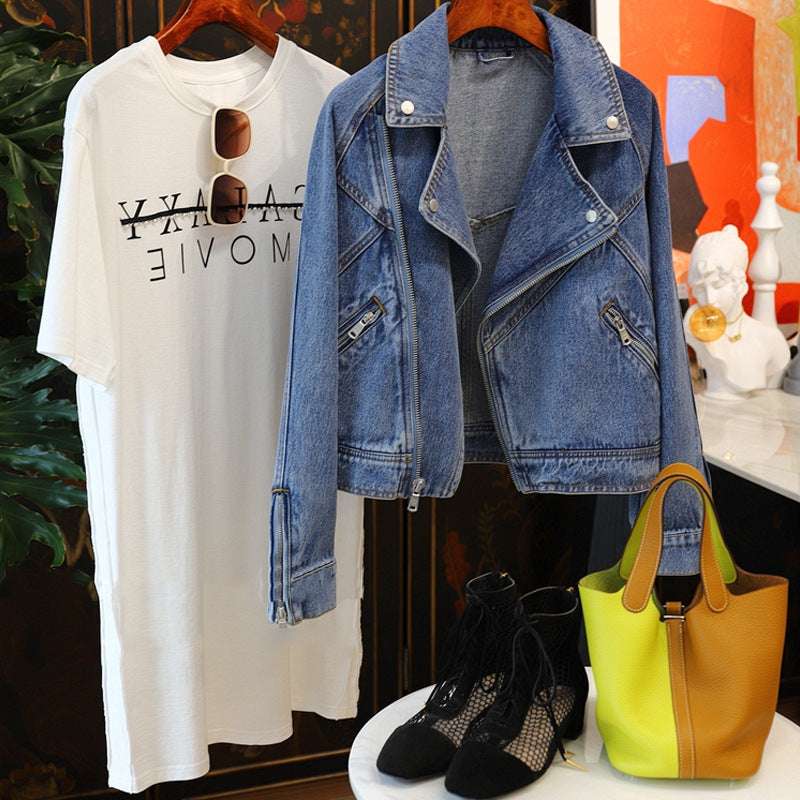 Large Lapel Long-sleeve Zipper Locomotive Style Denim Coat Jacket Women