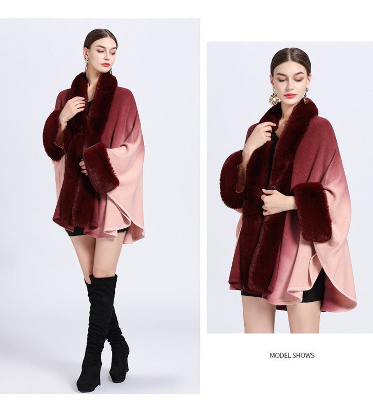 Rabbit Fur Collar Shawl Cape Knitted Cardigan Baggy Coat