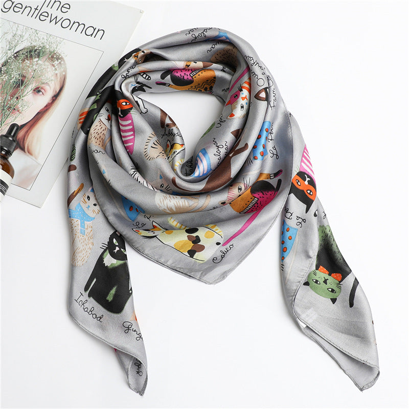 Cartoon Cat Silk Scarf  Fashion Sun Protection