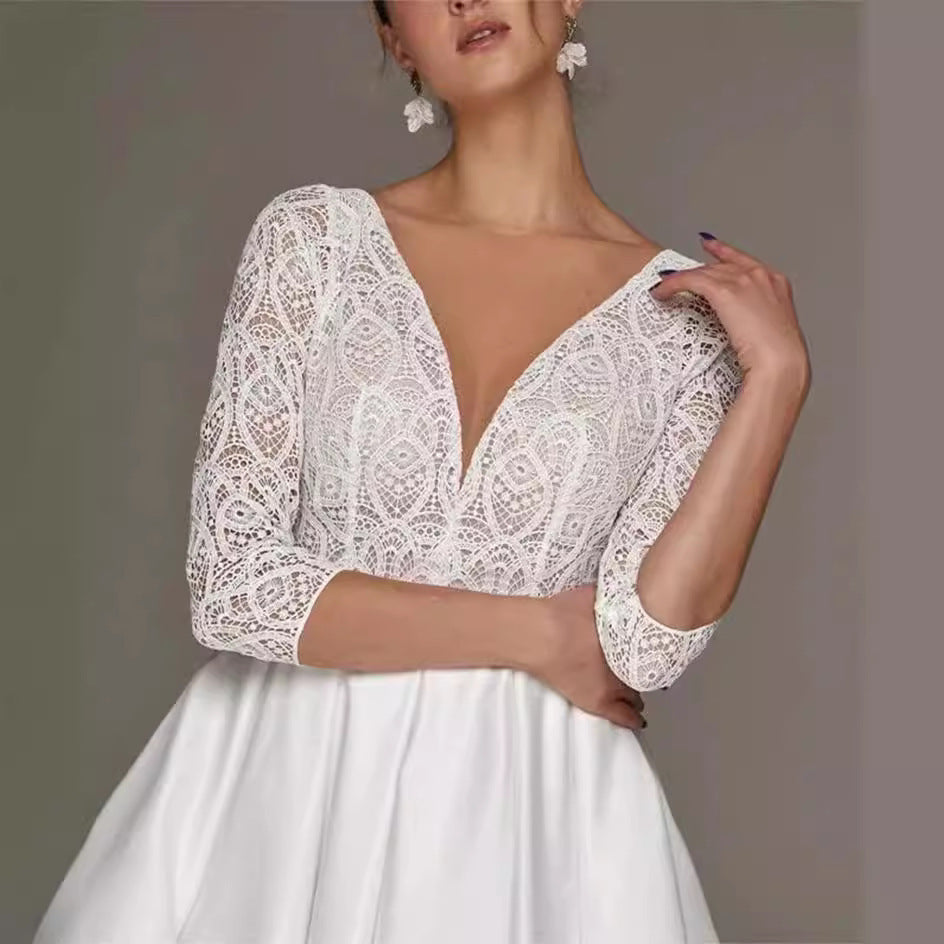 Bridal Deep V-neck Slim Lace Mid-length Long Sleeve Wedding Dress