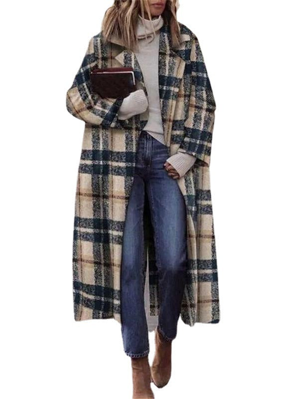 Women's Solid Color Loose Plaid Woolen Coat