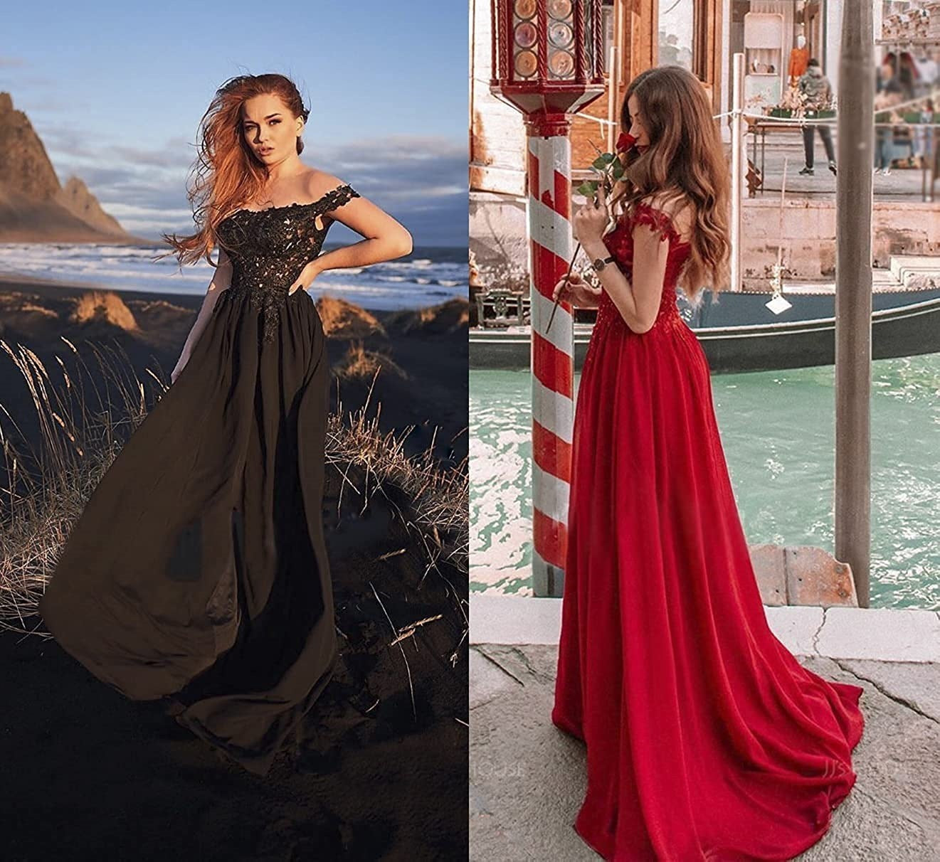 Women's Off-shoulder Shoulder-baring Long Prom Dress Slit Lace