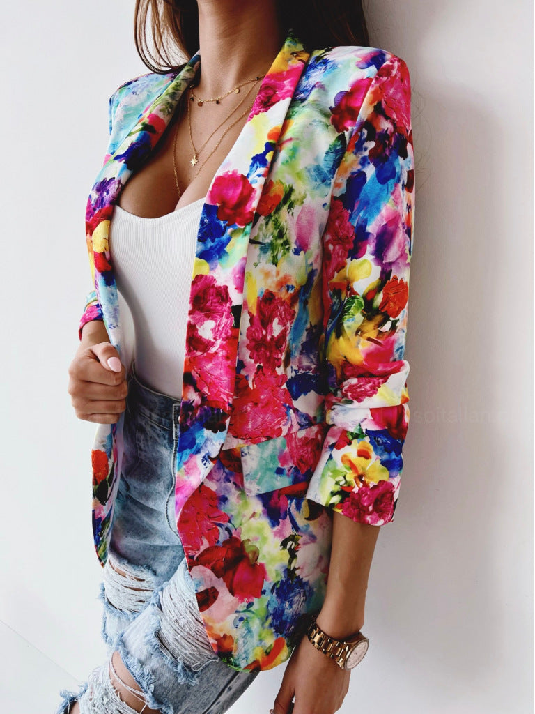 Digital Printing Long Sleeve Lapel Floral Slim Fit Women's Jacket