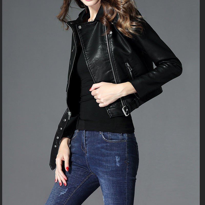 Women's Short Slim PU Leather Jacket