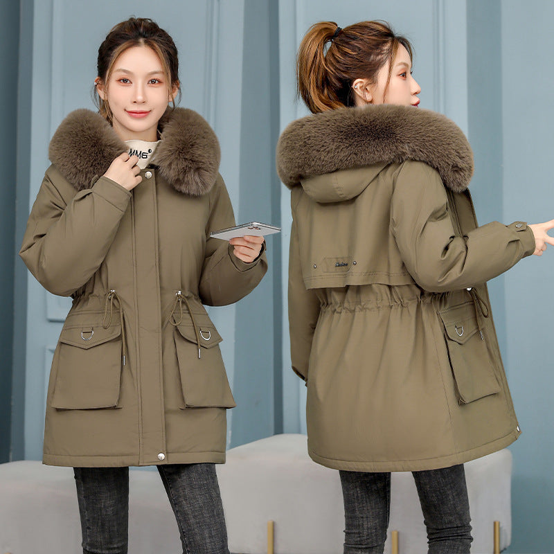 Waist Slimming Elegant Parka Cotton-padded Coat Fur Collar Western Style Velvet Lining Warm Coat