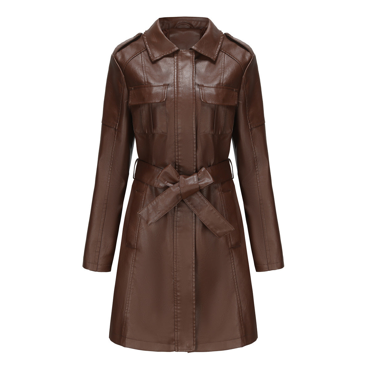 New European And American-style Mid-length Leather Coat With Belt Fashion British Coat For Women