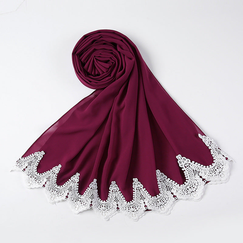 New Pearl Chiffon Scarf Malaysia Fashion Stitching Lace Scarf