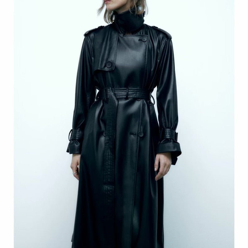 Women Long Leather Trench Coat With Belt