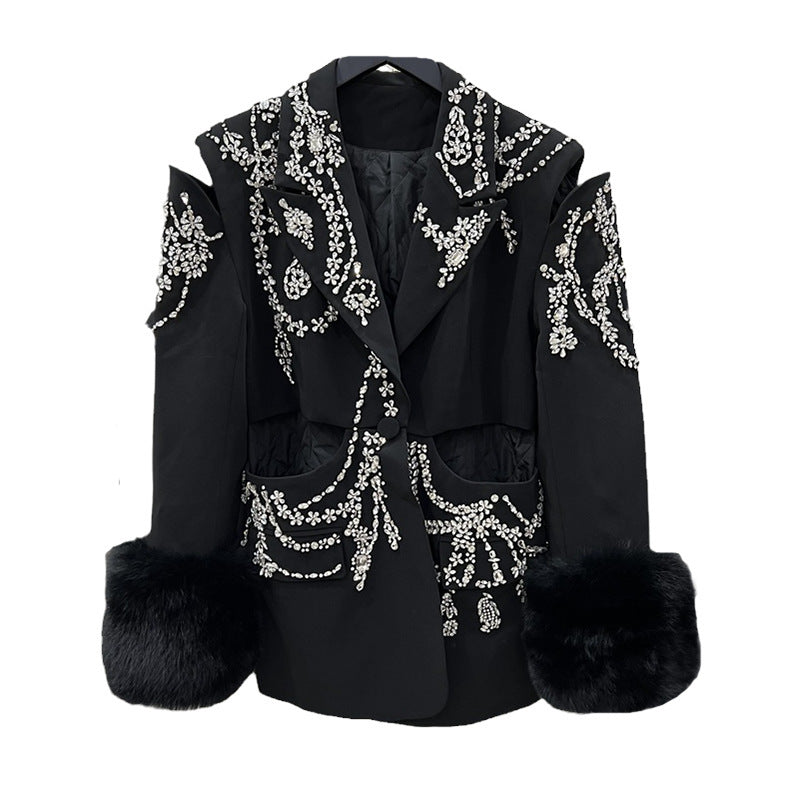 European And American Suit Jacket Women's Fox Fur Fur Diamond Studded By Hand Plus Cotton Coat