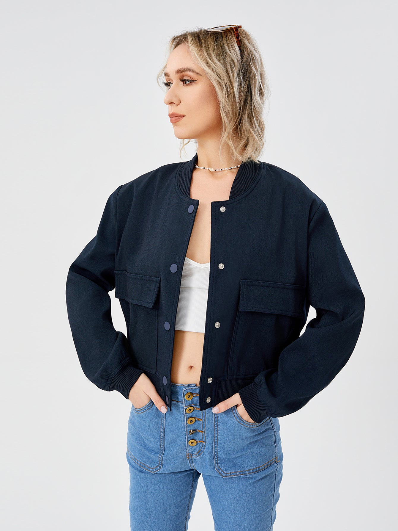 Women Lightweight Casual Cropped Bomber Jacket