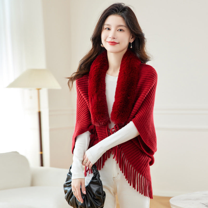 Women's Loose Tassel Fashion Shawl Jacket With Fur Collar