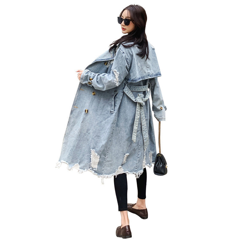 Women Retro Denim Trench Coat