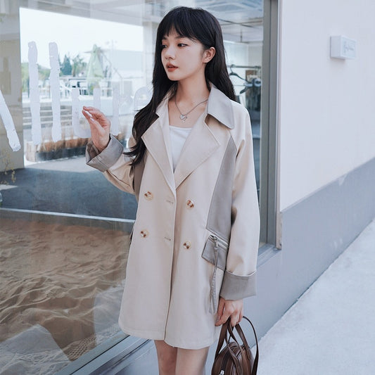 Loose Contrast Color Casual Creamy-white Short Trench Coat