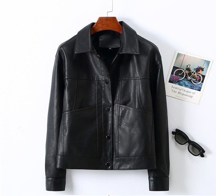 Women's Lapel Short Small Leather Coat