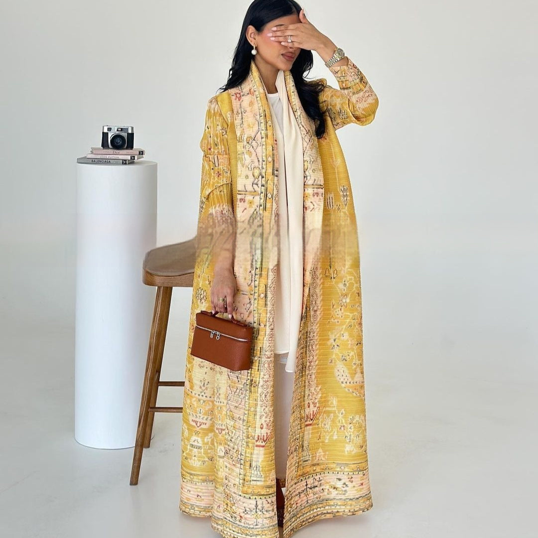 Pleated Trench Djellaba Hot-selling Printed Shawl Cardigan Ethnic Style Cloak Coat