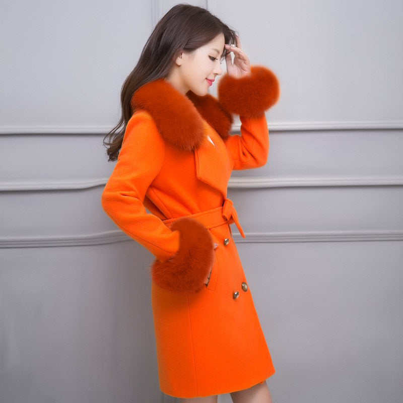 Big Fur Collar Warm Mid-length With Belt Coat