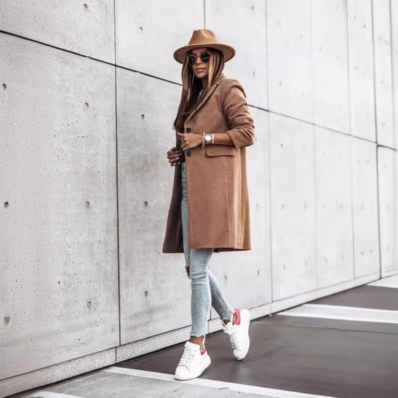 Autumn And Winter Simplicity Long Sleeve Button Woolen Coat