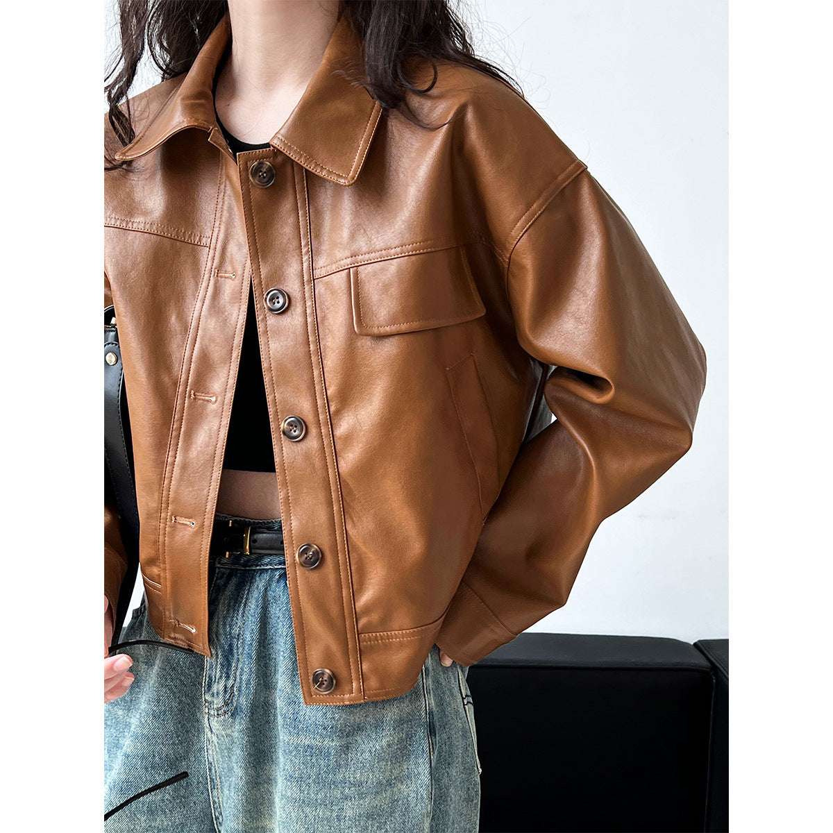 Women's Fall Lapels Motorcycle Short Jacket