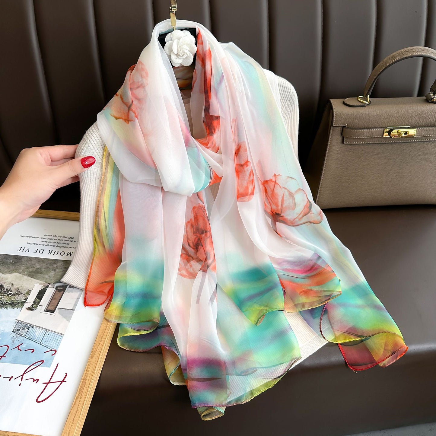 Peony Silk Scarf Women's Long Sun Protection