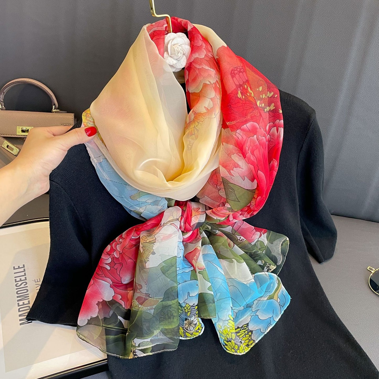 Peony Silk Scarf Women's Long Sun Protection