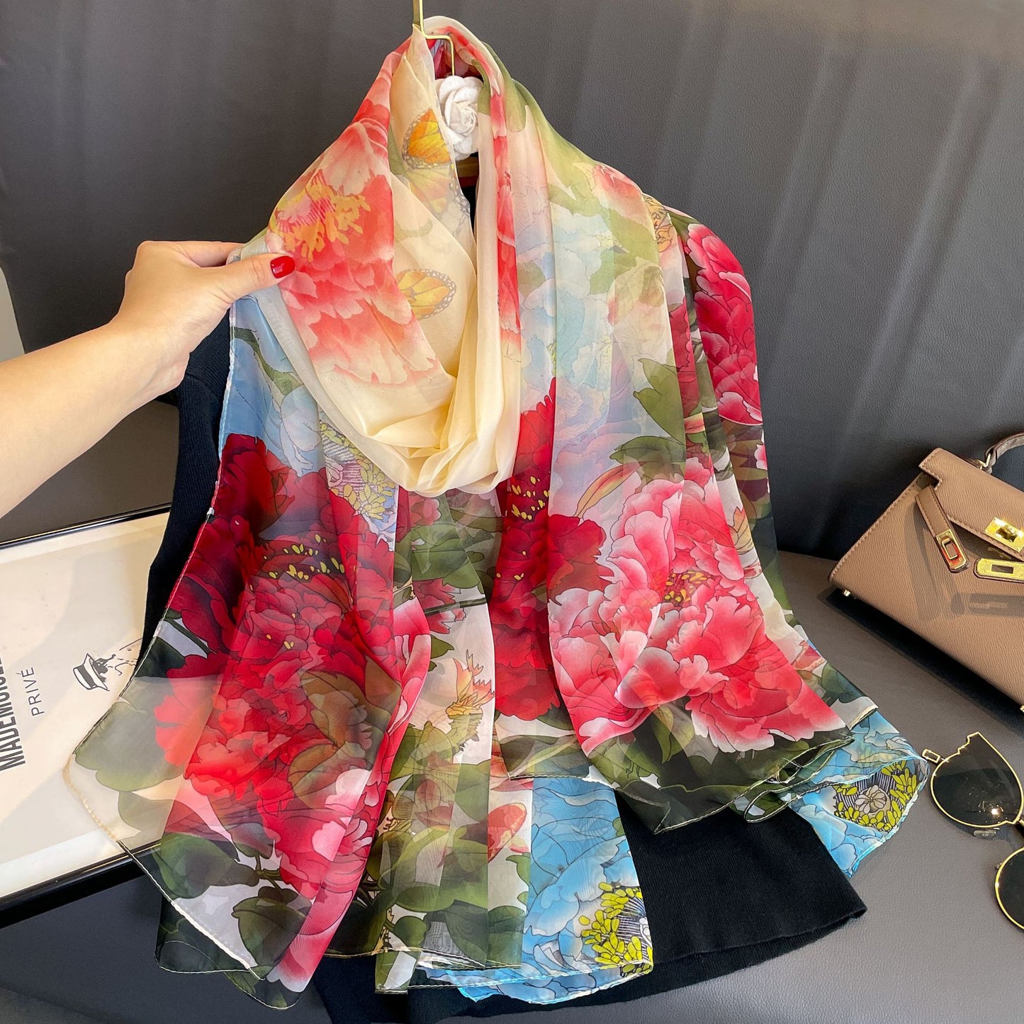 Peony Silk Scarf Women's Long Sun Protection