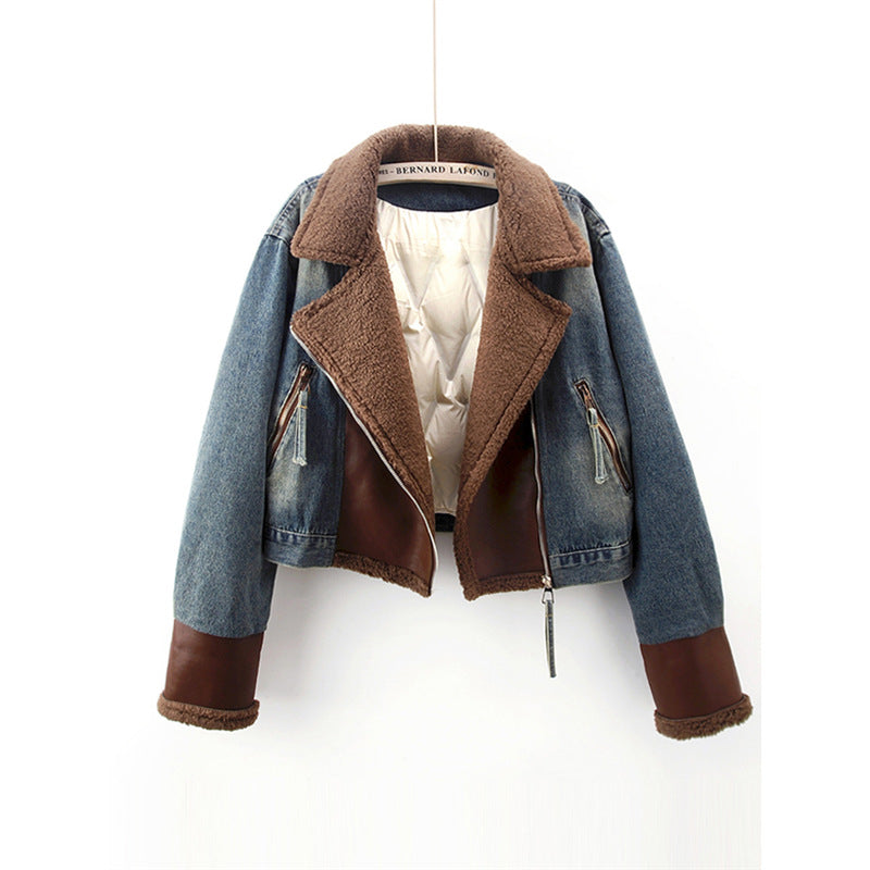 Lamb Wool Stitching Lightweight Down Liner Fleece-lined Denim Coat Women's Short Top Jacket