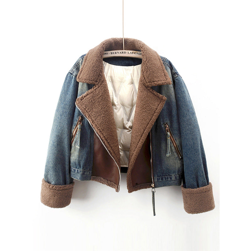 Lamb Wool Stitching Lightweight Down Liner Fleece-lined Denim Coat Women's Short Top Jacket