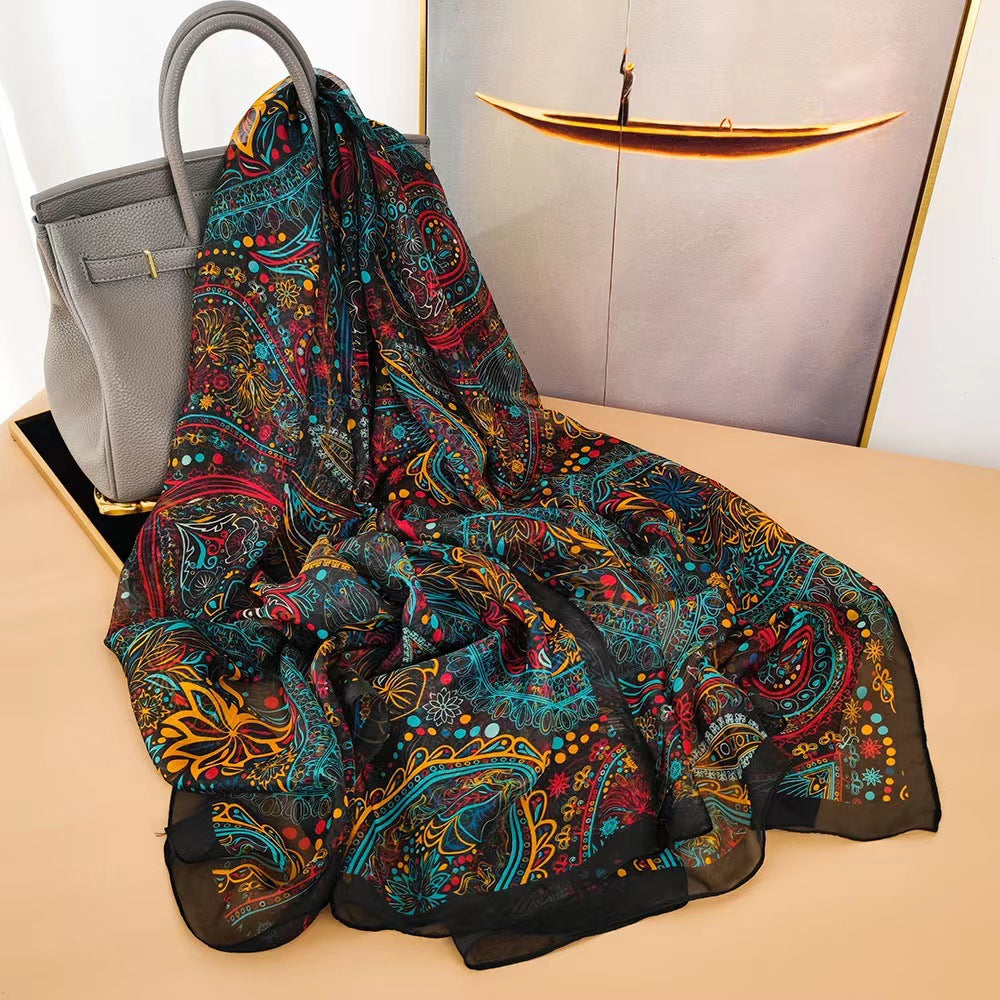 Peony Silk Scarf Women's Long Sun Protection