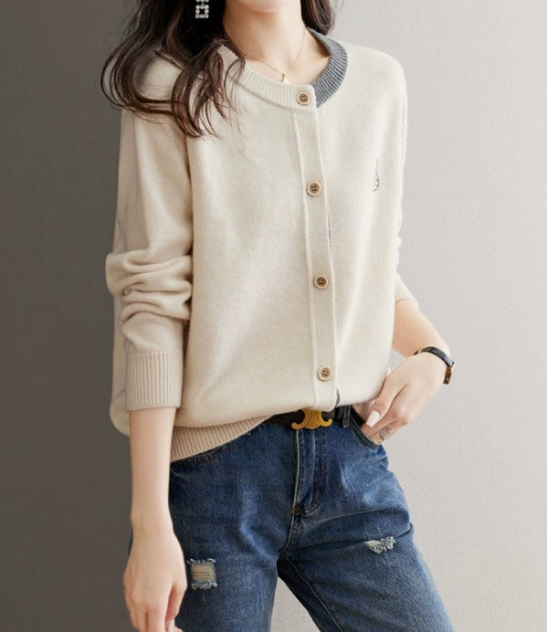 Round Neck Wool Knit Cardigan Women's Loose Western Style Outer Wear