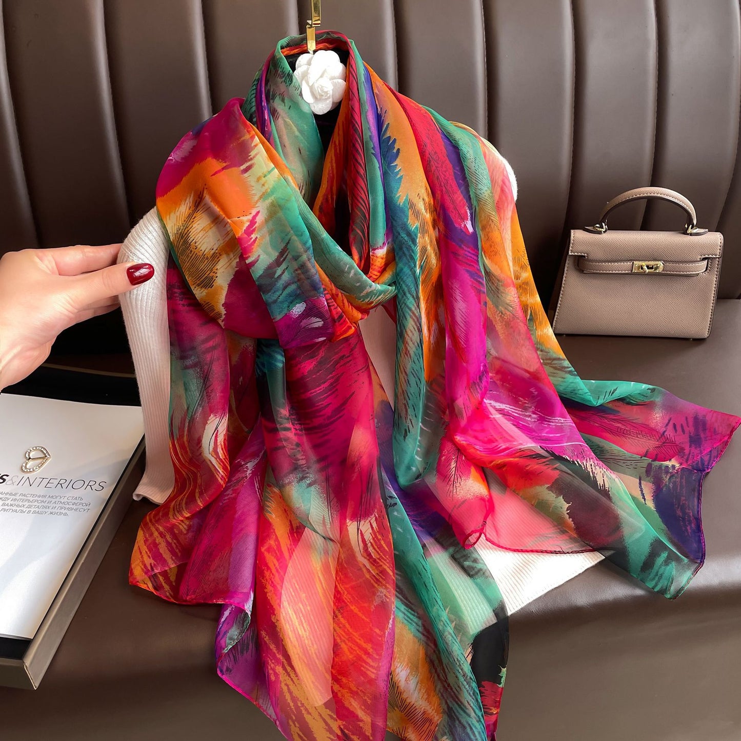 Peony Silk Scarf Women's Long Sun Protection