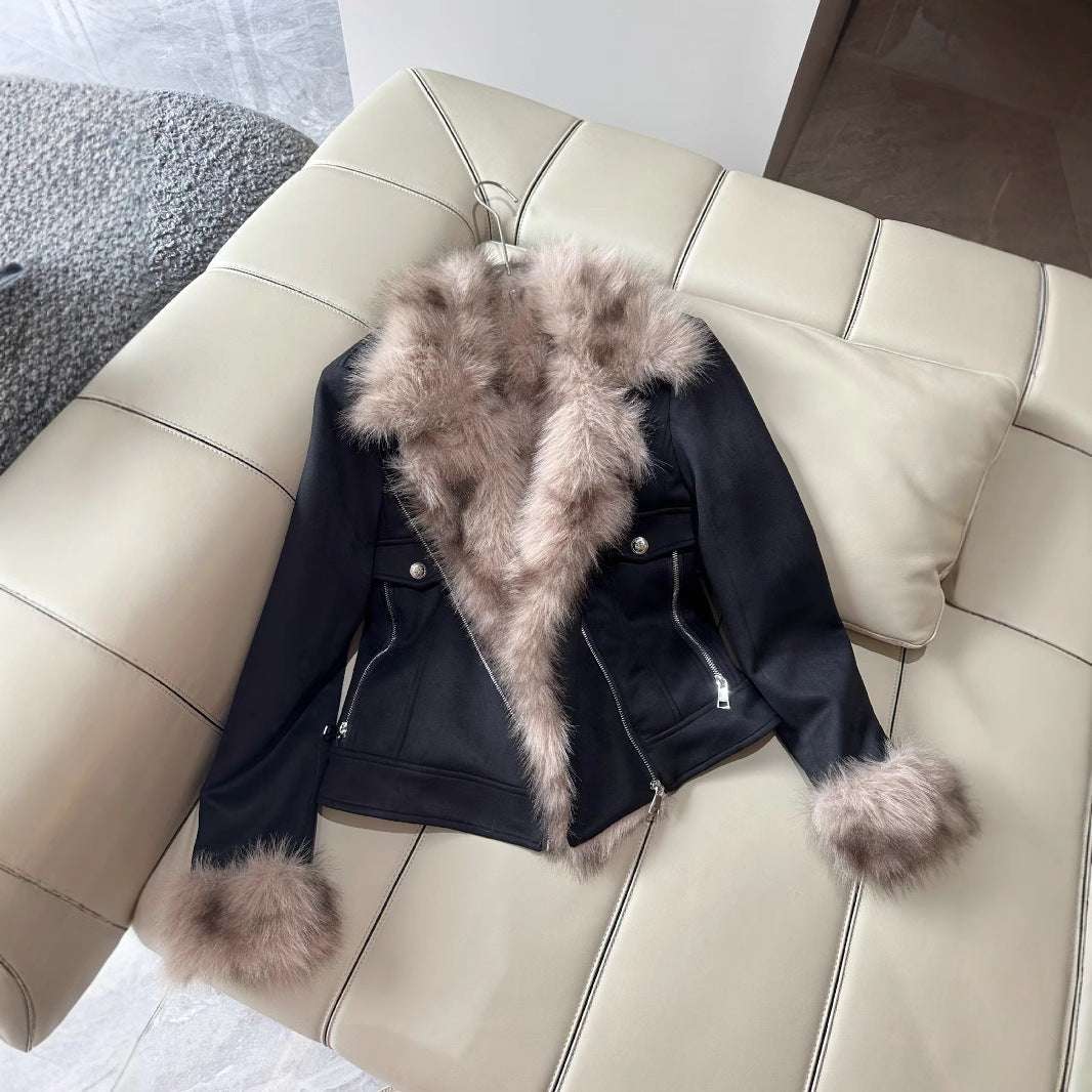 Winter Black Fur Motorcycle Warm Jacket