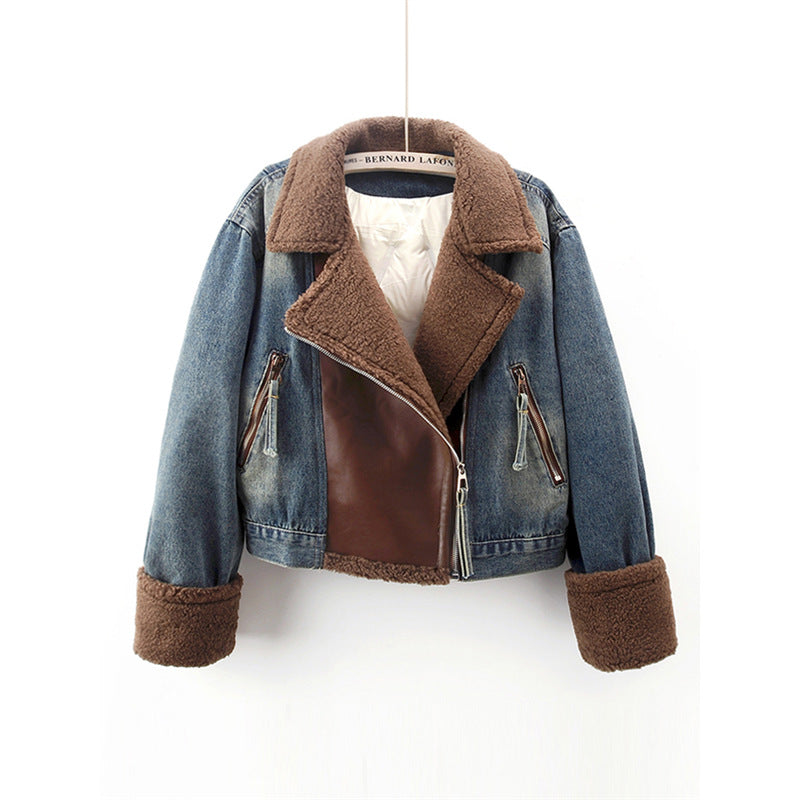 Lamb Wool Stitching Lightweight Down Liner Fleece-lined Denim Coat Women's Short Top Jacket