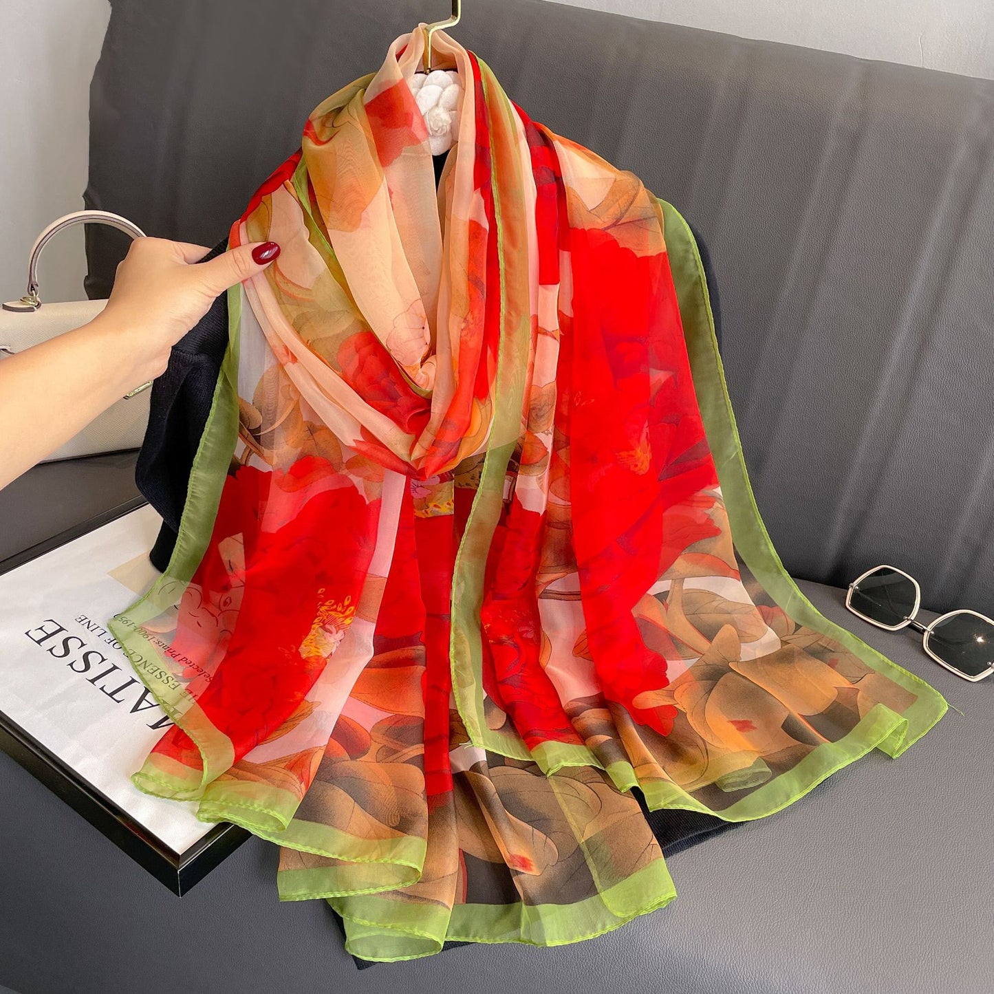 Peony Silk Scarf Women's Long Sun Protection