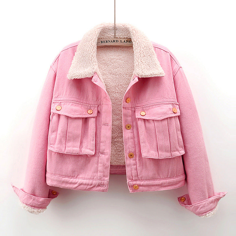 Women Lamb Wool Fleece-lined Thickening Denim Jacket