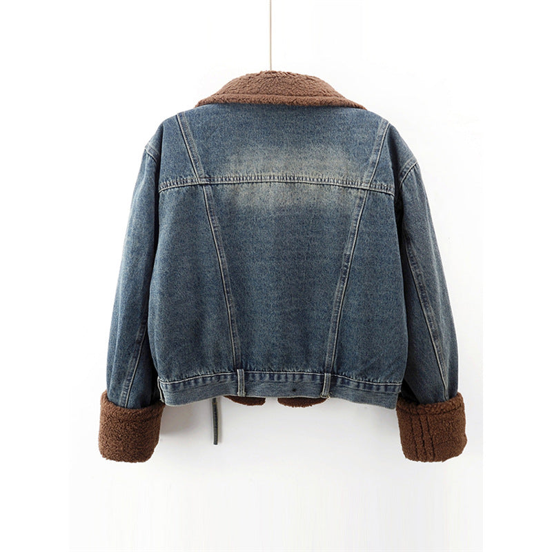 Lamb Wool Stitching Lightweight Down Liner Fleece-lined Denim Coat Women's Short Top Jacket