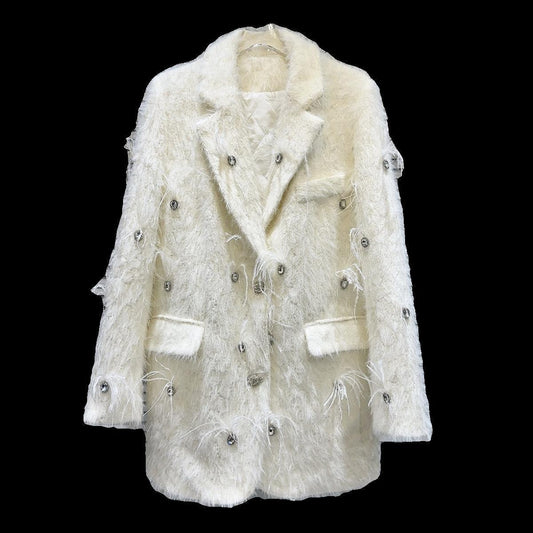 Women Winter Classic Style Rhinestone Beaded Mink Faux Fur Quilted Coat