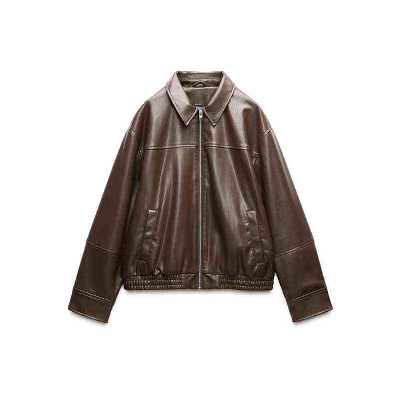 Women's Loose Lapels Leather Coat