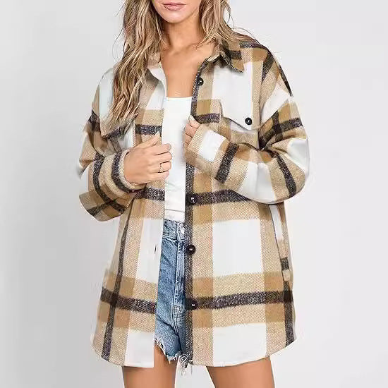 Women Casual Plaid Buckle Long Sleeve Jacket