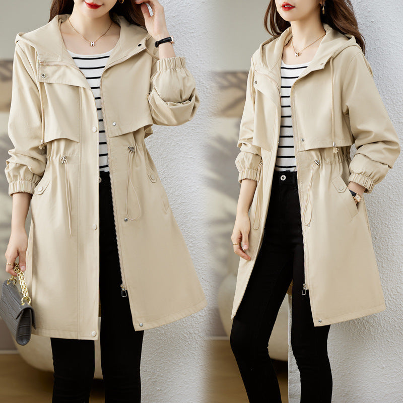 Early Autumn Casual Women's Windbreaker Loose Hooded Fashion Mid-length Slimming Coat