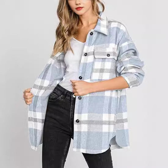 Women Casual Plaid Buckle Long Sleeve Jacket