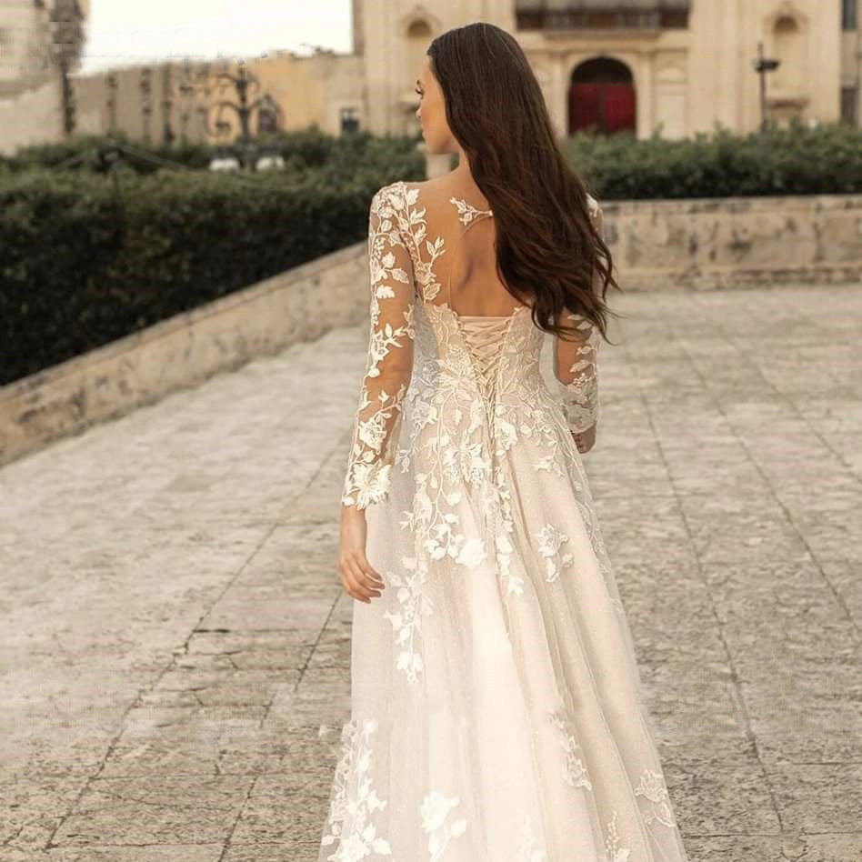 Long Sleeve Wedding Dress Mori Style Bridal Simple Round Neck